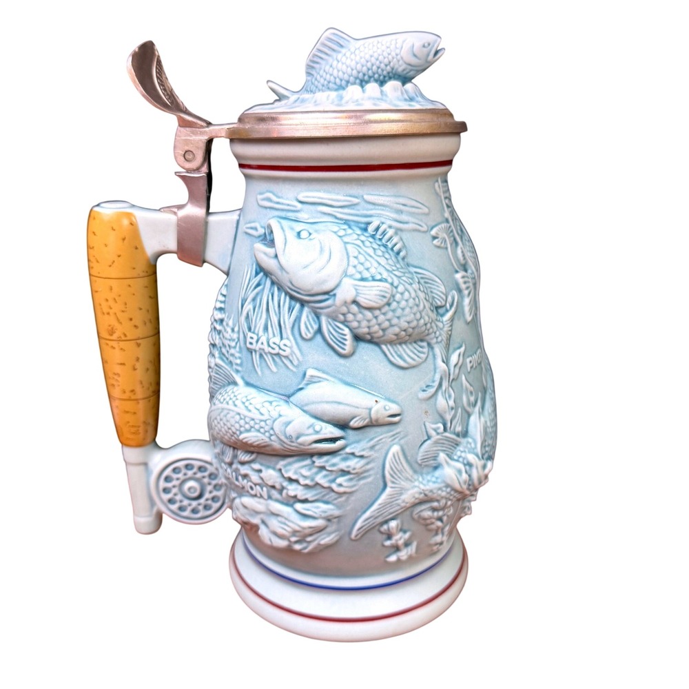 Vintage Avon Fish Stein 1990 Ceramic Blue Fishing Rod Handle Lidded Mug Vintage